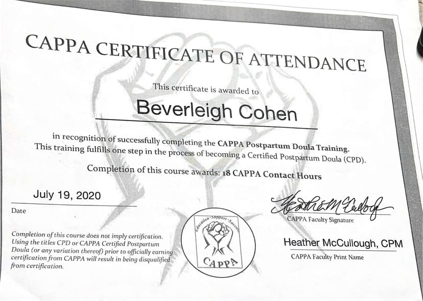 CAPPA Certificate of Attendance for Postpartum Doula Training