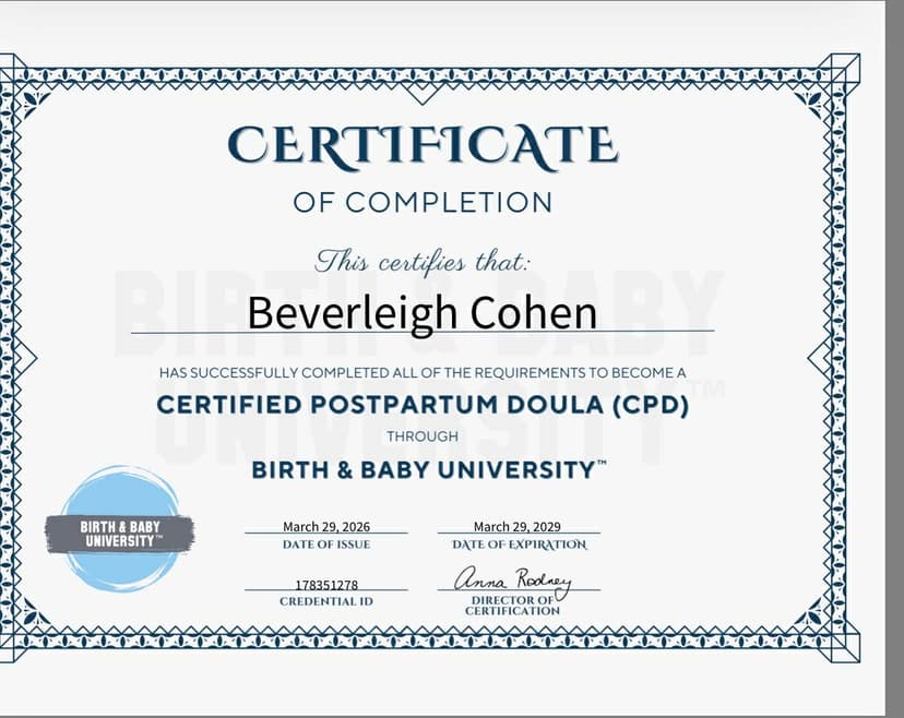 Certified Postpartum Doula certificate from Birth & Baby University